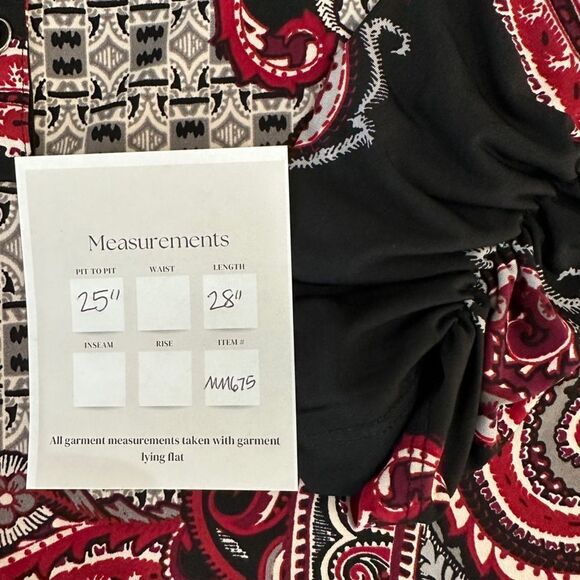 Susan Graver Liquid Knit Ruched Sleeve Paisley Print Red and Black Size 1X - Picture 10 of 10